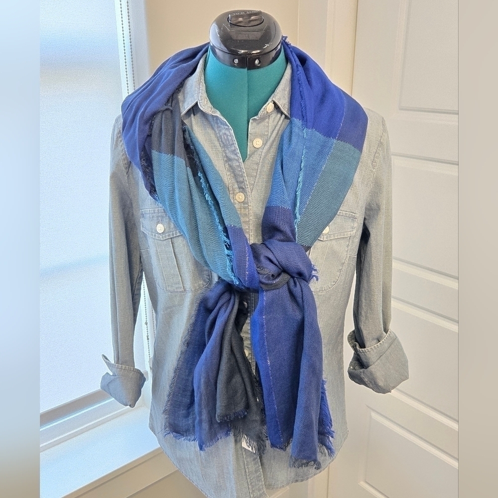 NWT COLDWATER CREEK COLORBLOCK FRINGE SCARF SHADES OF BLUE WOMEN OS 74" X 19.5"